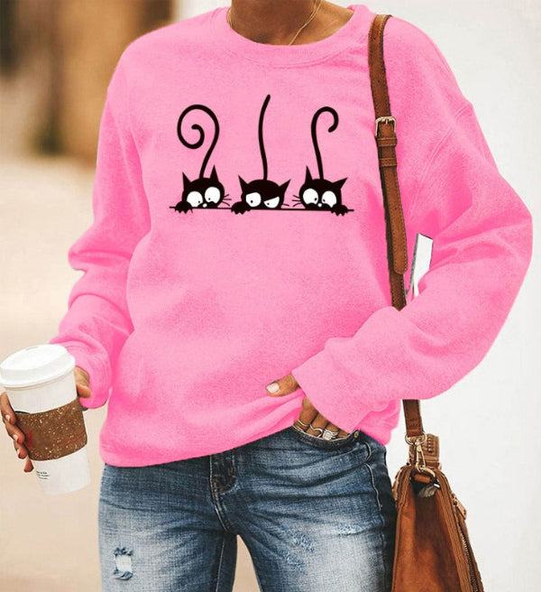 Sweatshirt femme – Coupe oversize – Coton doux – Col rond – Imprimé chat ludique