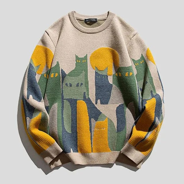 Sweatshirt femme – Coupe décontractée – Maille douce – Imprimé graphique chat – Col rond