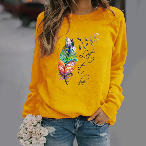 Sweatshirt femme – Coupe décontractée – Imprimé plume – Col rond – Manches longues