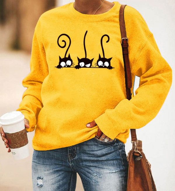Sweatshirt femme – Coupe oversize – Coton doux – Col rond – Imprimé chat ludique