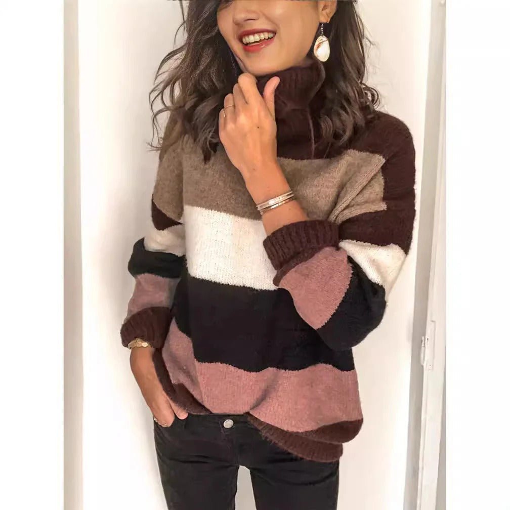 Pull à col roulé femme – Maille laine – Coupe ample – Rayé – Longueur hanches