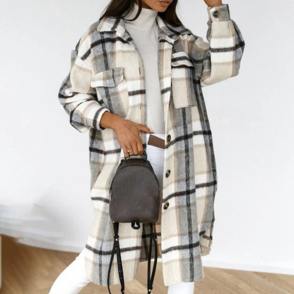 Veste femme – Coupe oversize – Motif à carreaux – Laine mélangée – Longueur genou