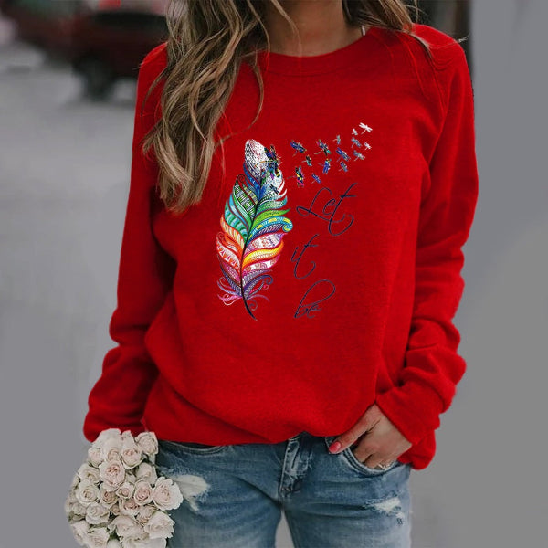 Sweatshirt femme – Coupe décontractée – Imprimé plume – Col rond – Manches longues