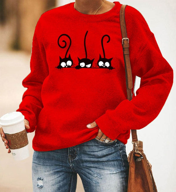 Sweatshirt femme – Coupe oversize – Coton doux – Col rond – Imprimé chat ludique