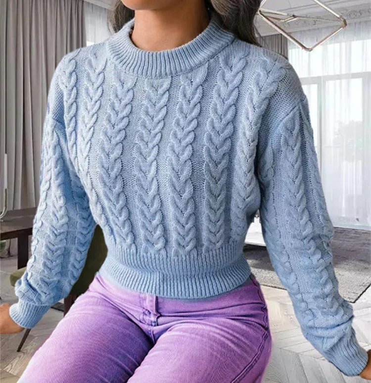 Pull femme – Maille torsadée – Coupe cintrée – Col rond côtelé – Manches longues