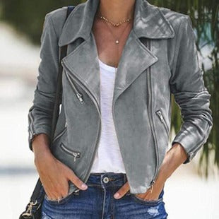 Veste femme – Coupe slim – Effet suédine – Court – Revers cranté – Zips décoratifs