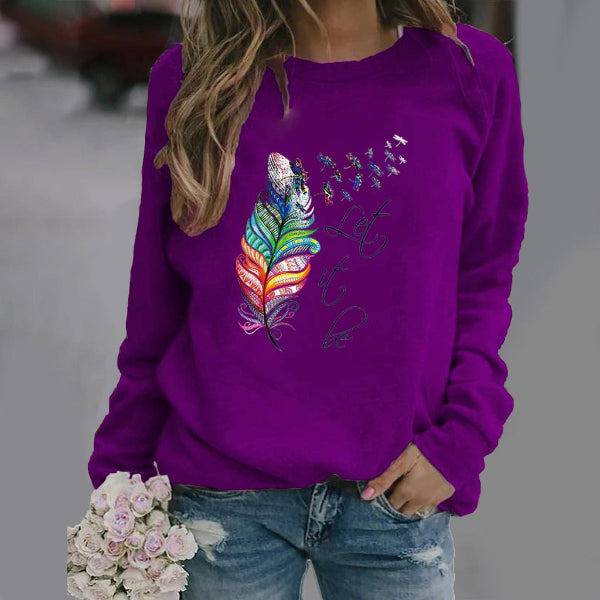 Sweatshirt femme – Coupe décontractée – Imprimé plume – Col rond – Manches longues