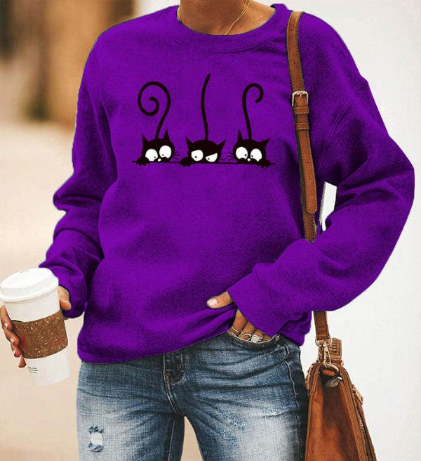Sweatshirt femme – Coupe oversize – Coton doux – Col rond – Imprimé chat ludique