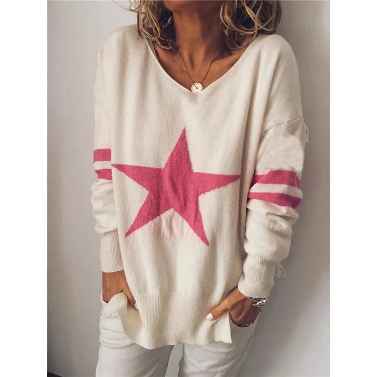 Pull Femme – Coupe Décontractée – Maille Douce – Col Rond – Motif Étoile Manche Rayée