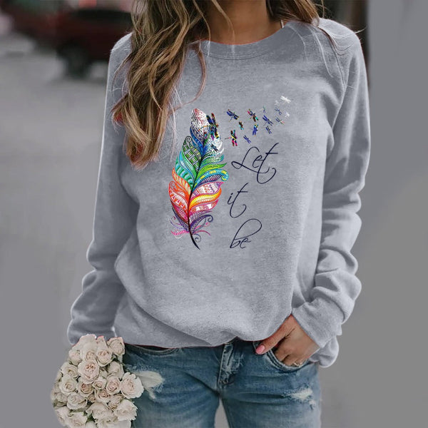 Sweatshirt femme – Coupe décontractée – Imprimé plume – Col rond – Manches longues