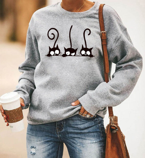 Sweatshirt femme – Coupe oversize – Coton doux – Col rond – Imprimé chat ludique