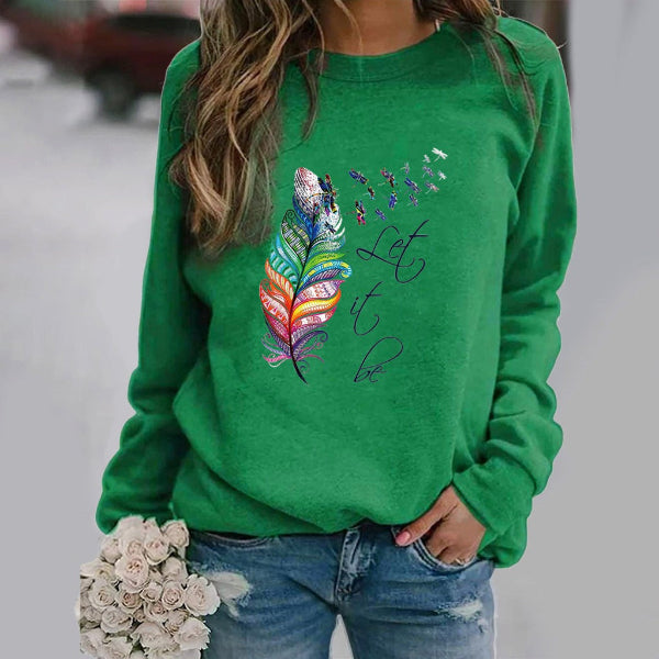 Sweatshirt femme – Coupe décontractée – Imprimé plume – Col rond – Manches longues