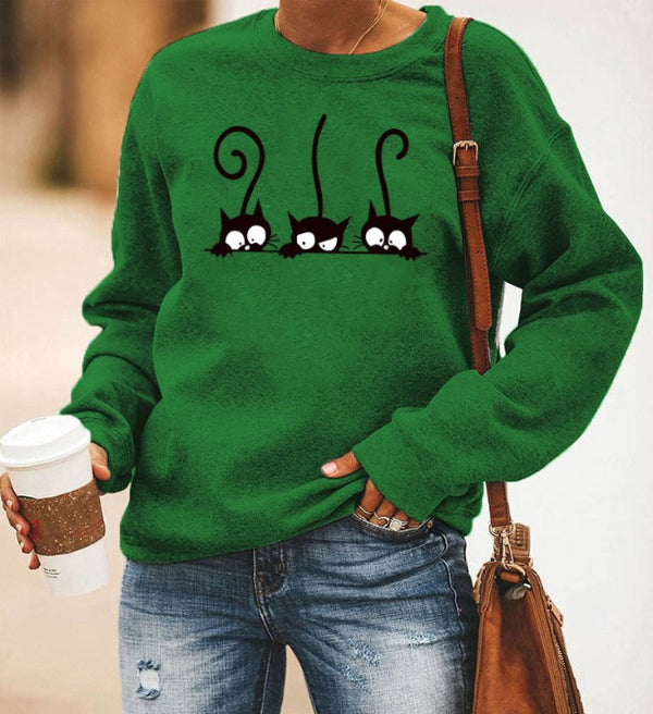 Sweatshirt femme – Coupe oversize – Coton doux – Col rond – Imprimé chat ludique