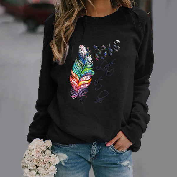 Sweatshirt femme – Coupe décontractée – Imprimé plume – Col rond – Manches longues