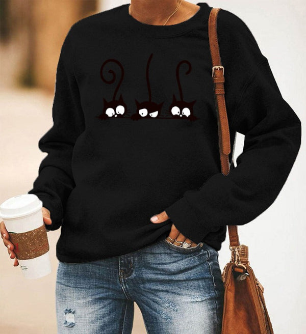 Sweatshirt femme – Coupe oversize – Coton doux – Col rond – Imprimé chat ludique