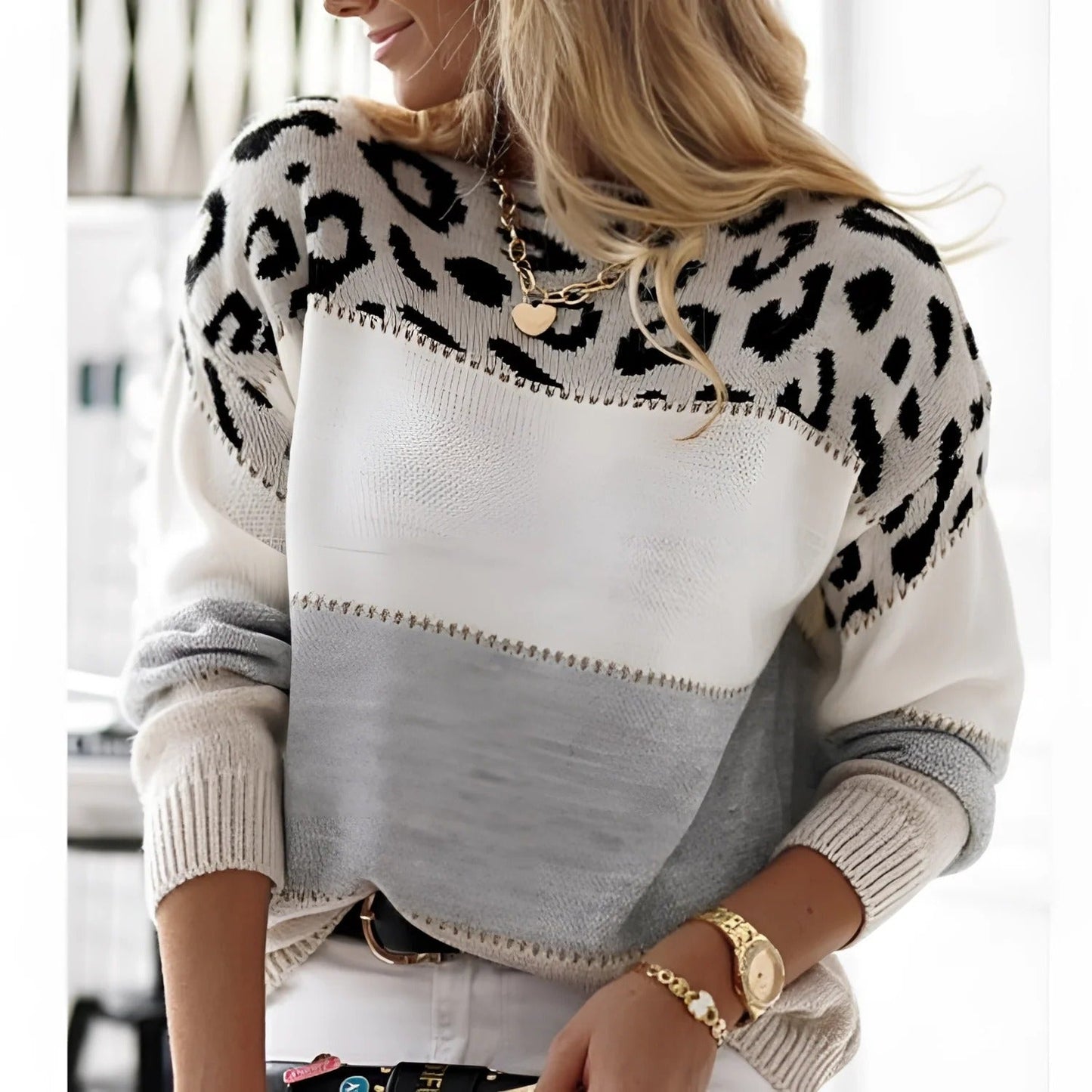 Femme Sweatshirt - Maille - Coupe décontractée - Col rond - Manches longues - Imprimé animalier