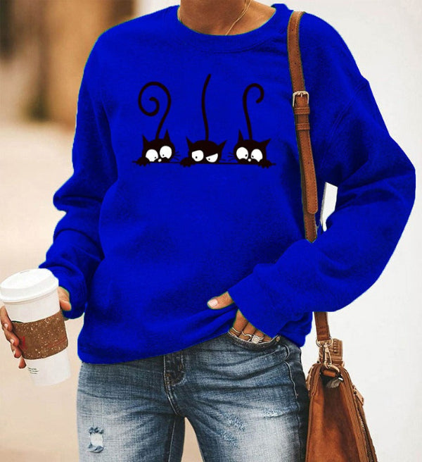 Sweatshirt femme – Coupe oversize – Coton doux – Col rond – Imprimé chat ludique