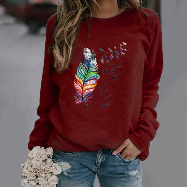 Sweatshirt femme – Coupe décontractée – Imprimé plume – Col rond – Manches longues