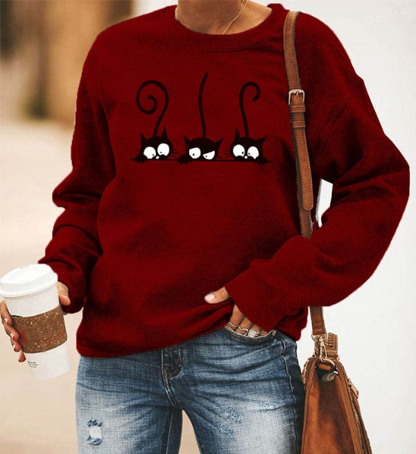 Sweatshirt femme – Coupe oversize – Coton doux – Col rond – Imprimé chat ludique