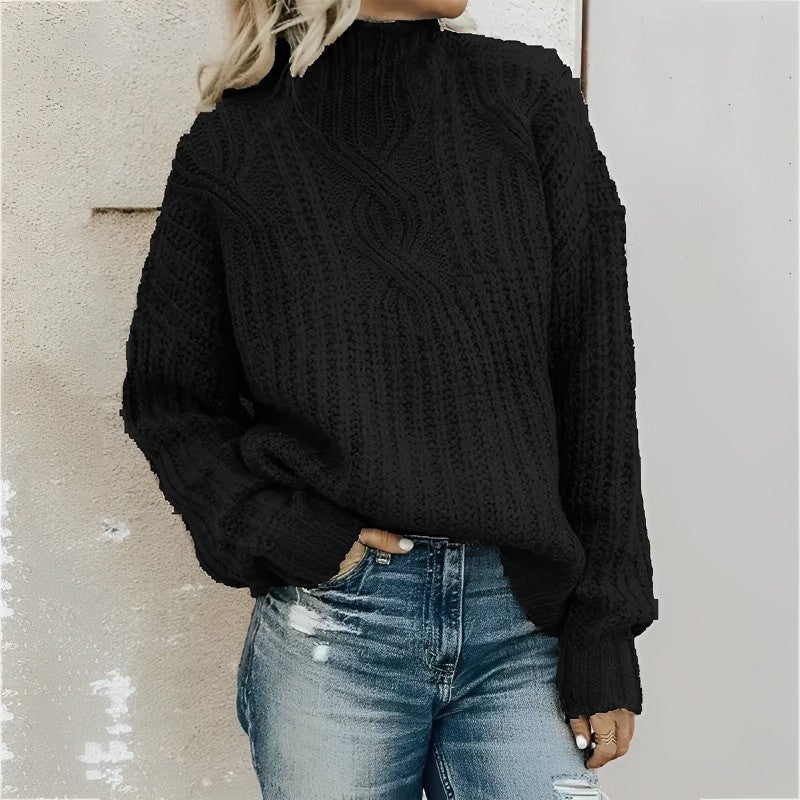 Pull femme – Coupe oversize – Tricot torsadé – Épaules tombantes – Col montant