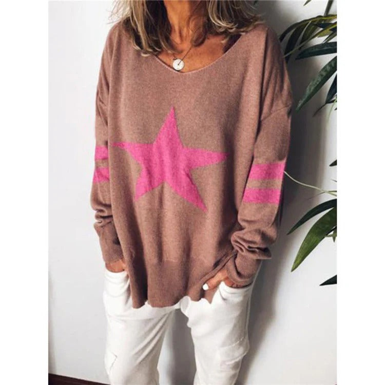 Pull Femme – Coupe Décontractée – Maille Douce – Col Rond – Motif Étoile Manche Rayée