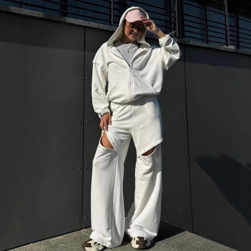 Ensemble loungewear femme – Coupe oversize – Hoodie zippé – Pantalon large à découpes