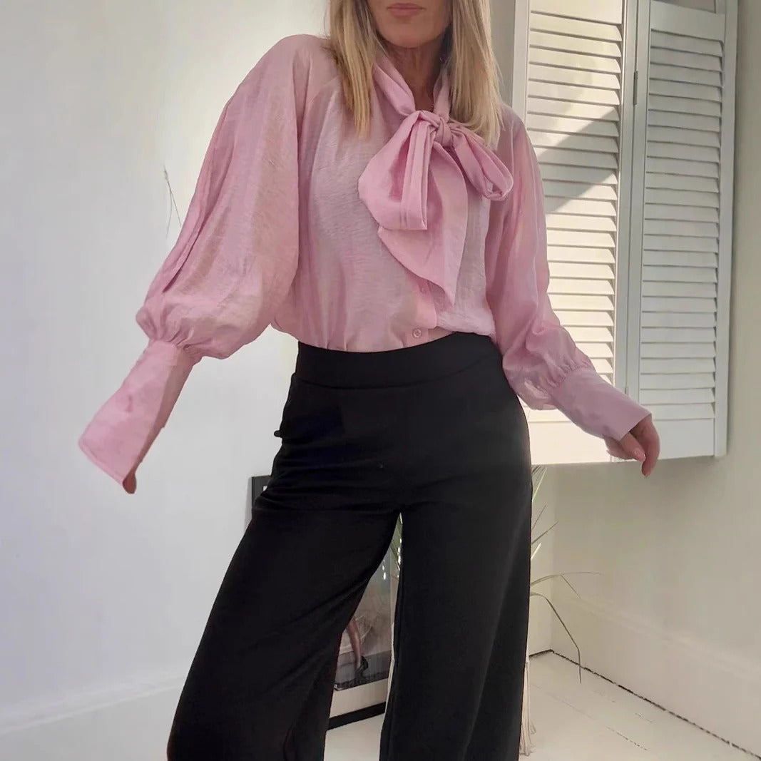 Blouse femme – Coupe ample – Col lavallière – Manches bouffantes – Coton léger