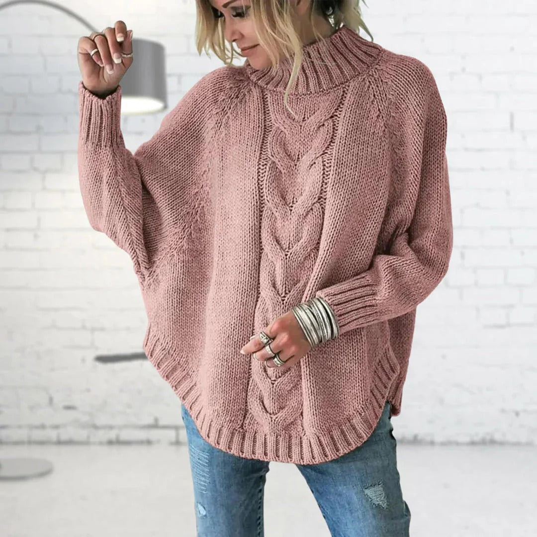Pull femme – Col roulé – Maille torsadée – Coupe oversize – Manches chauve-souris