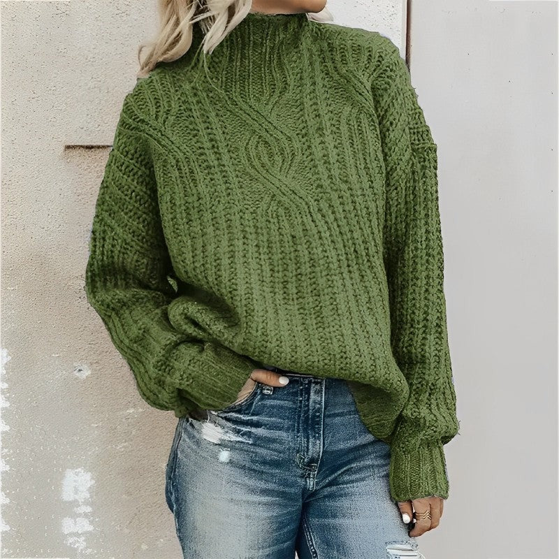 Pull femme – Coupe oversize – Tricot torsadé – Épaules tombantes – Col montant