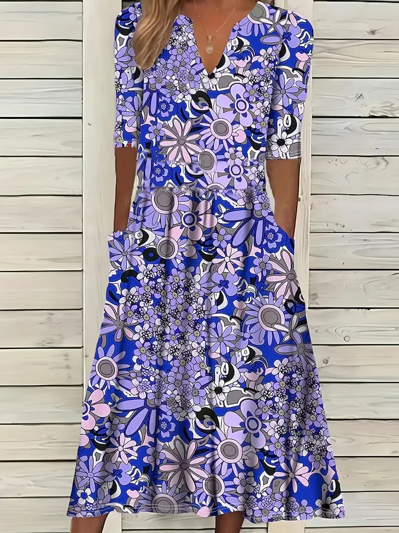 Robe longue femme – Coupe évasée – Col en V – Manches courtes – Imprimé fleuri – Tissu respirant
