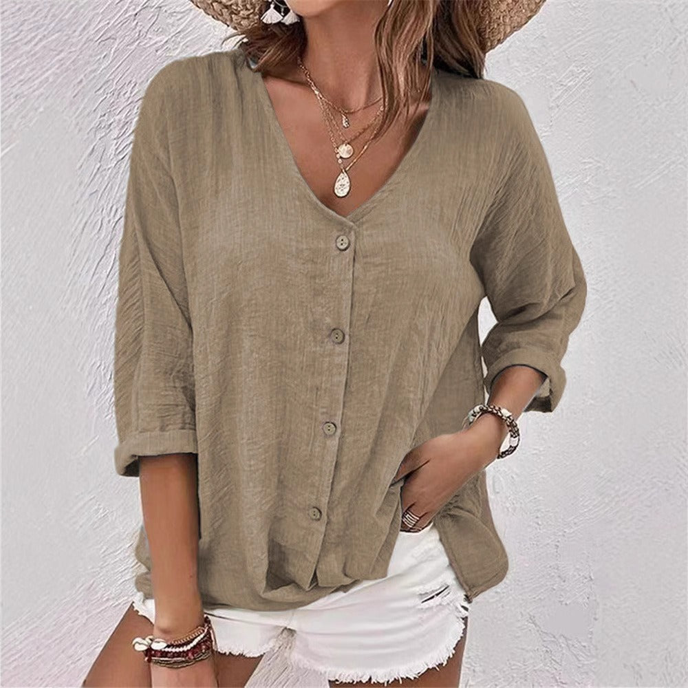 Blouse femme – Coupe ample – Coton léger – Manches courtes – Col en V – Style décontracté
