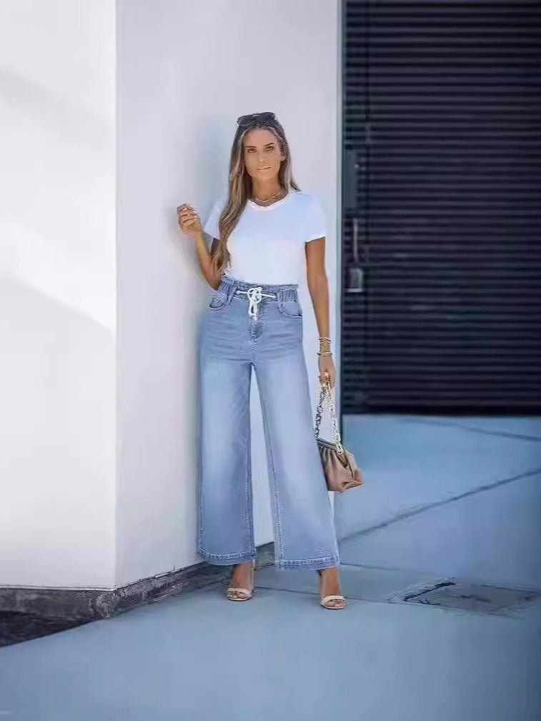 Jean femme large – Taille haute – Cordon ajustable – Taille élastique – Coupe évasée