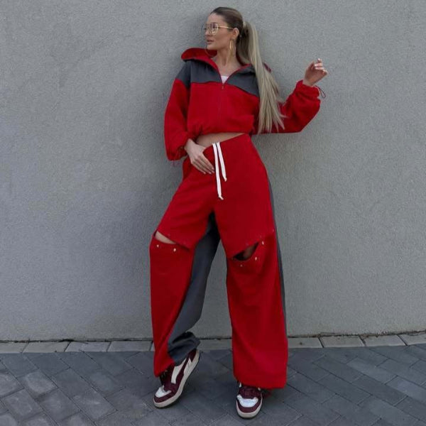 Ensemble Femme Loungewear – Hoodie Court Zippé – Pantalon Large Taille Élastique – Coton Doux