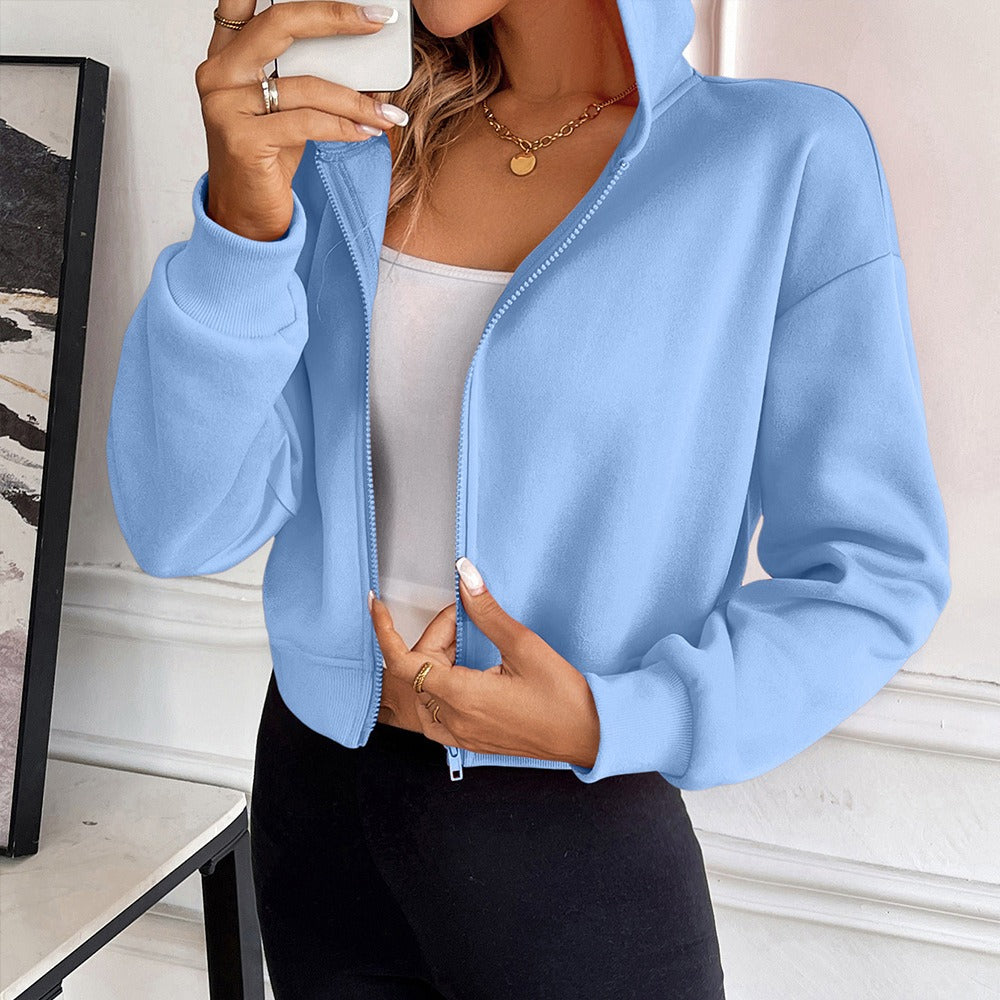Sweat à capuche court femme – Coupe décontractée – Coton – Manches longues zippé