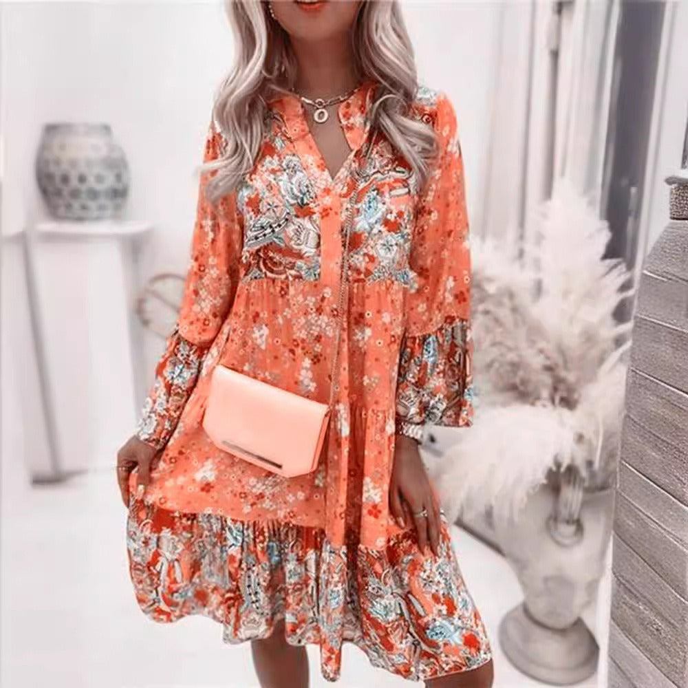 Robe mini femme – Coupe fluide – Manches longues – Motif patchwork – Col en V