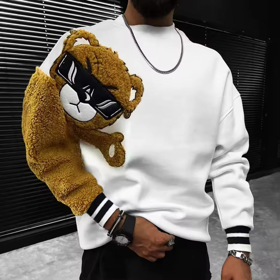 Sweatshirt homme – Coupe décontractée – Coton doux – Ours brodé – Manches contrastées