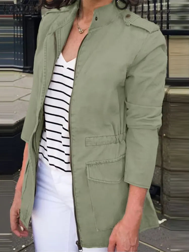 Veste cargo femme – Coupe décontractée – Coton – Col montant – Poches à rabat – Zip frontal