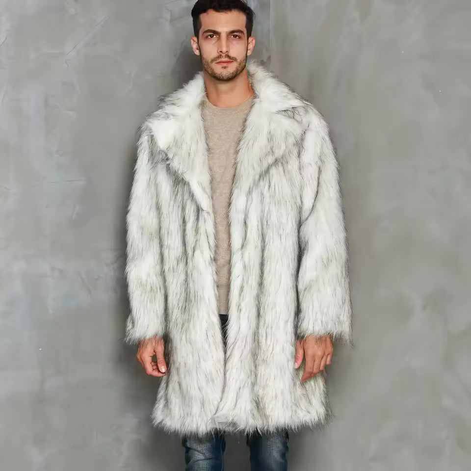 Manteau long homme – Fausse fourrure – Coupe oversize – Revers à cran – Ouverture libre