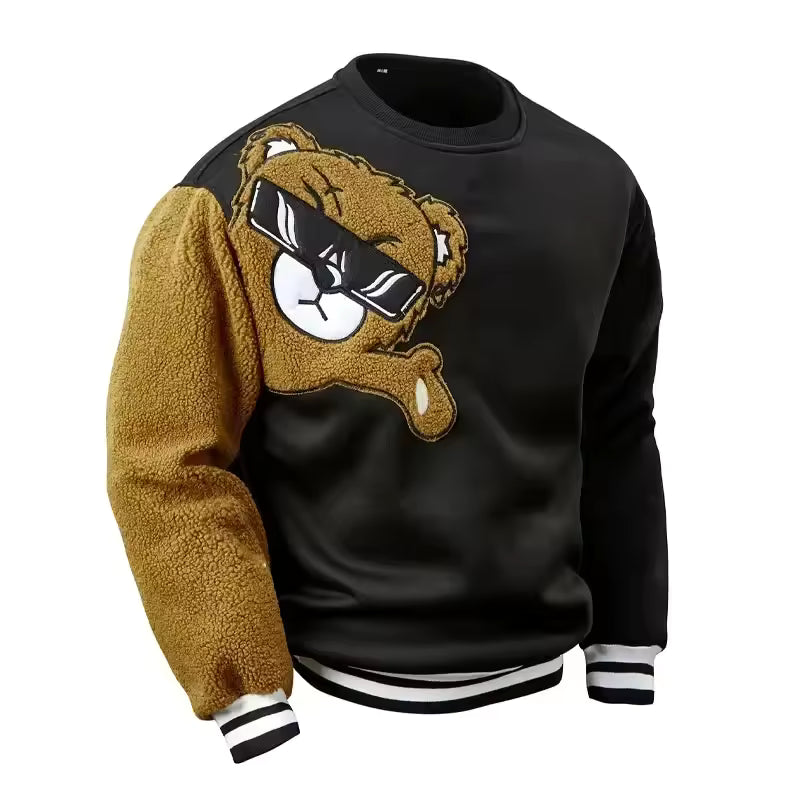 Sweatshirt homme – Coupe décontractée – Coton doux – Ours brodé – Manches contrastées