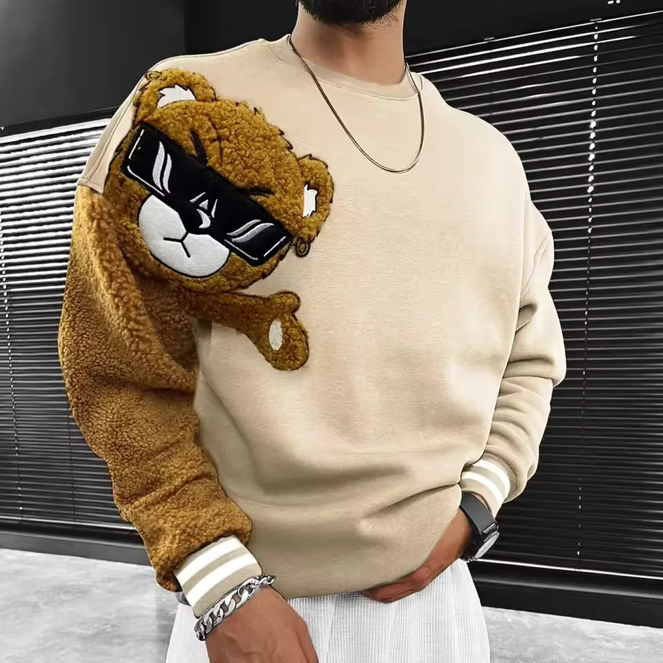 Sweatshirt homme – Coupe décontractée – Coton doux – Ours brodé – Manches contrastées