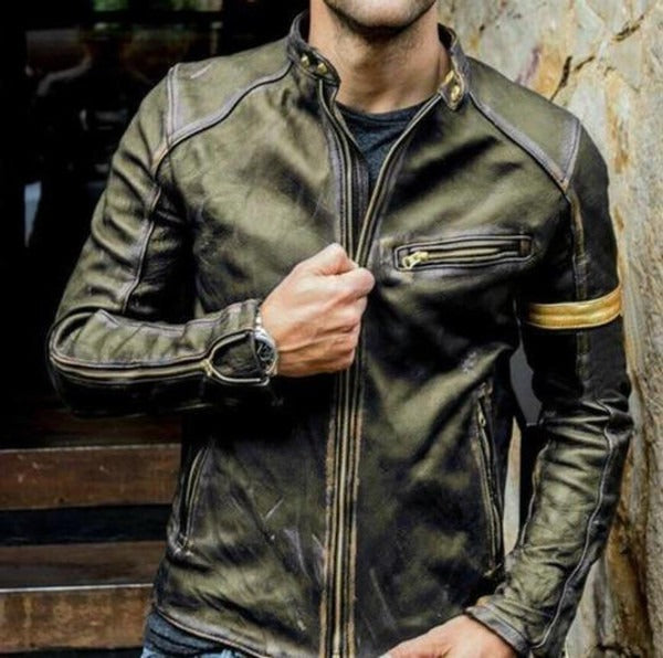 Blouson homme – Coupe slim – Similicuir – Col montant – Détails zippés manches