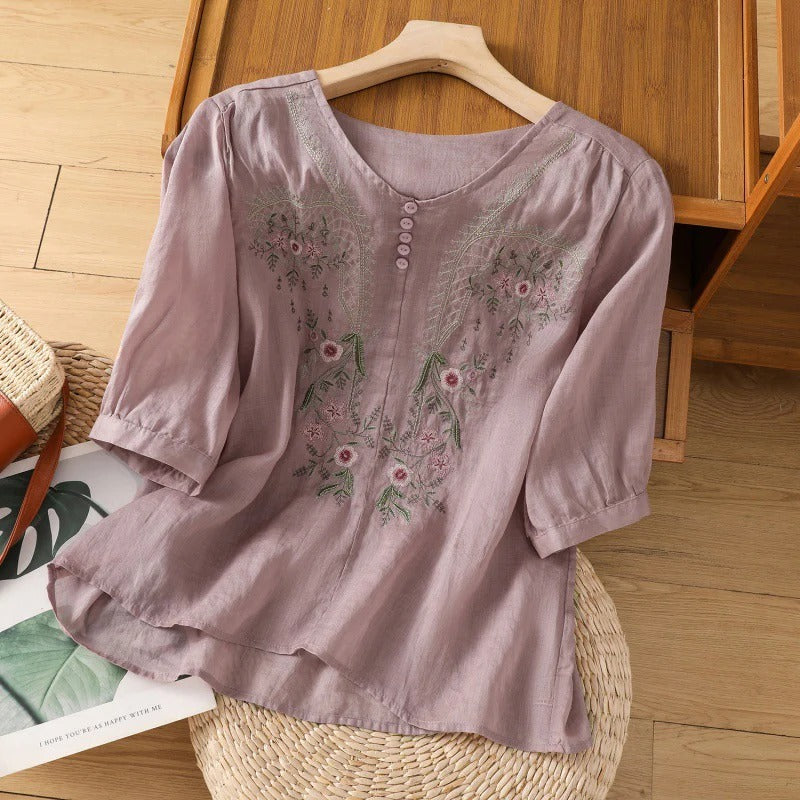 Blouse femme – Coupe décontractée – Tissu coton – Broderie florale – Manches 3/4