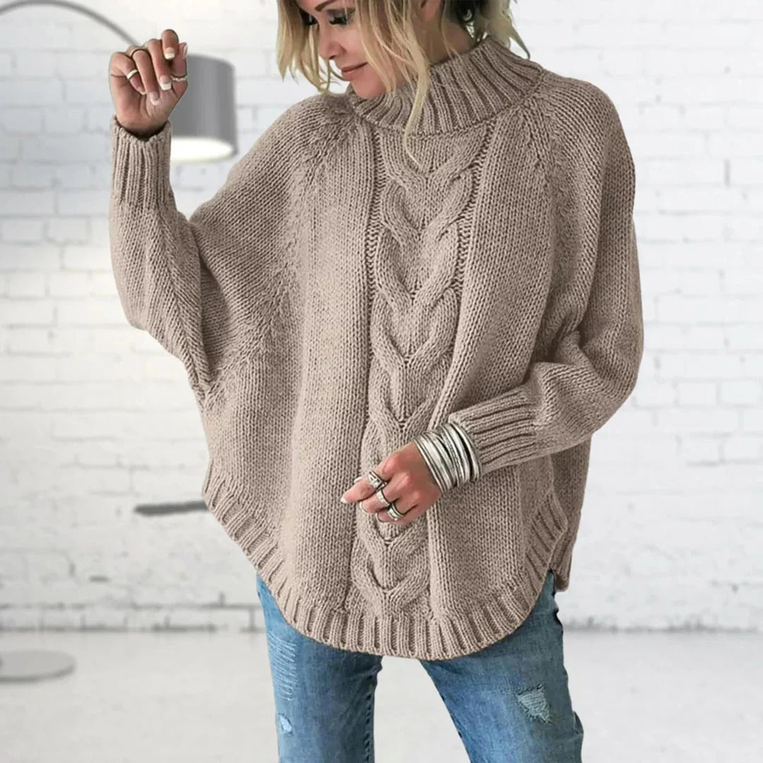 Pull femme – Col roulé – Maille torsadée – Coupe oversize – Manches chauve-souris