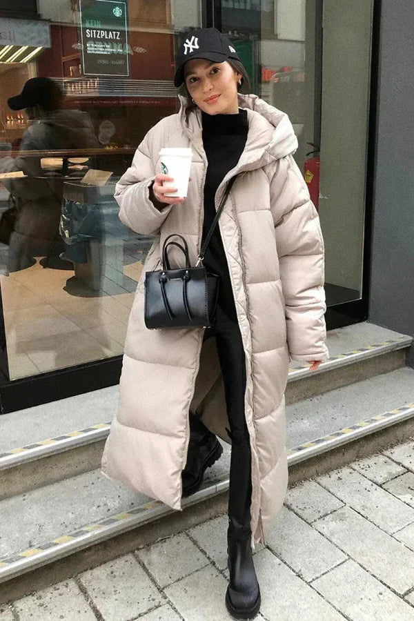 Manteau long femme – Doudoune matelassée – Coupe oversize – Capuche col montant