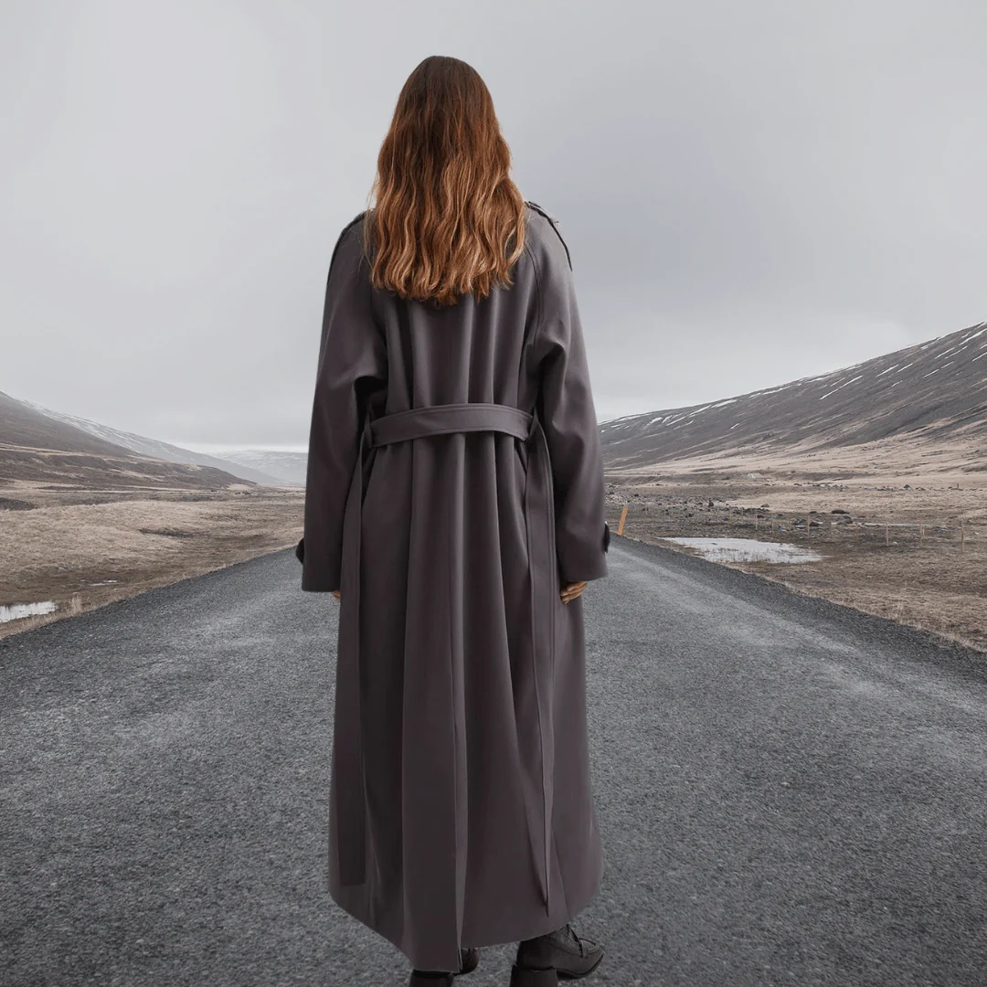 Manteau trench femme – Laine – Coupe ample – Longueur cheville – Ceinture nouée