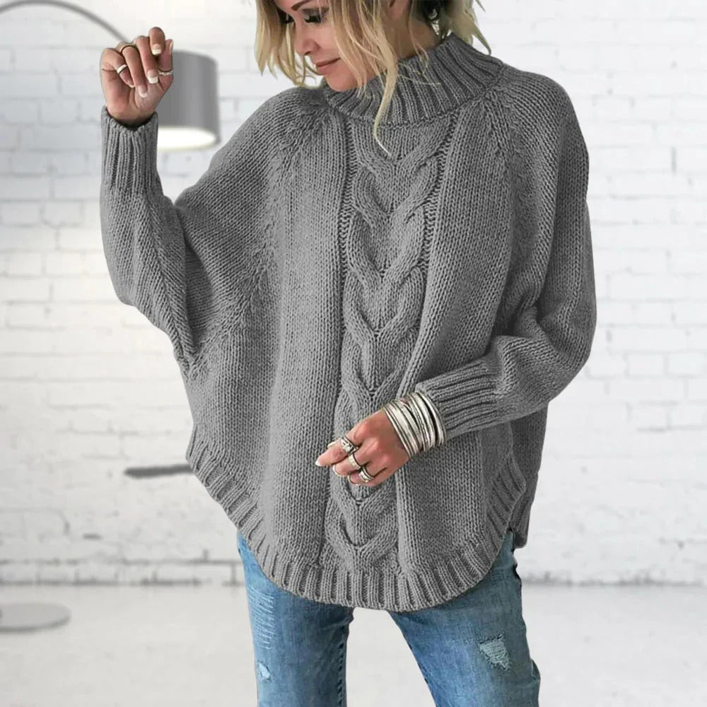 Pull femme – Col roulé – Maille torsadée – Coupe oversize – Manches chauve-souris