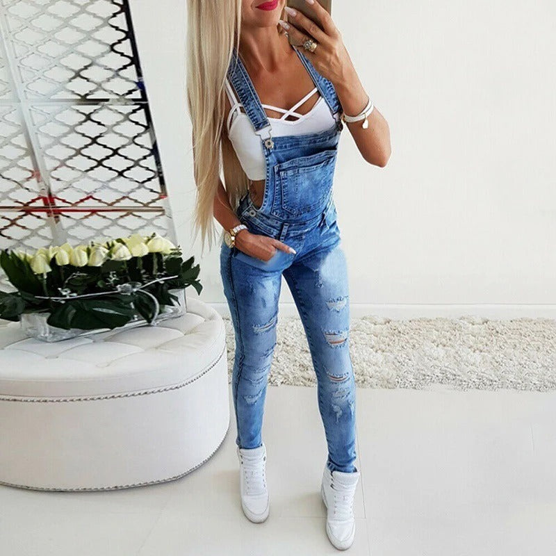 Salopette femme – Coupe slim – Jean délavé – Bretelles réglables – Style décontracté