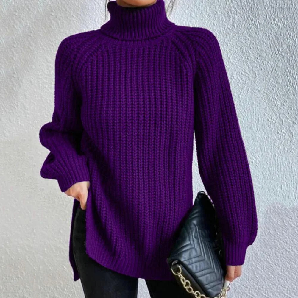 Femme Pull - Acrylique - Coupe Oversize - Col Roulé - Longueur Mi-Cuisse