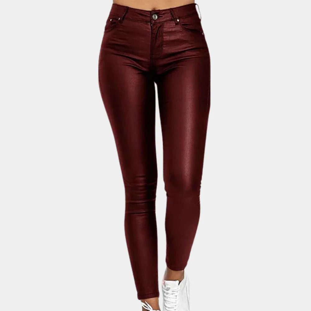 Pantalon femme slim – Finition effet cuir – Coupe longue – Style à 5 poches