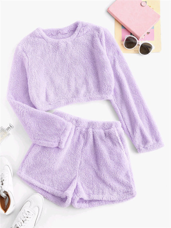 Ensemble loungewear femme – Haut court manches longues – Short taille haute doux